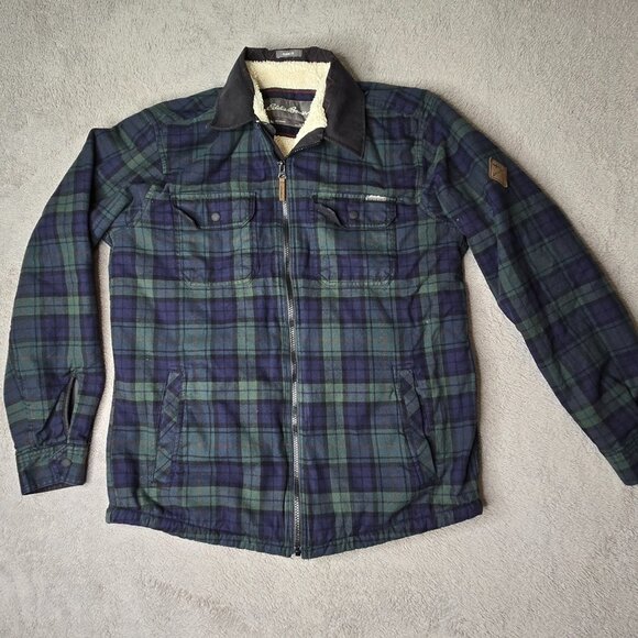 Eddie Bauer Jacket Men's Medium Blue Green Plaid Flannel Sherpa Fleece Lined Ful - Picture 1 of 7